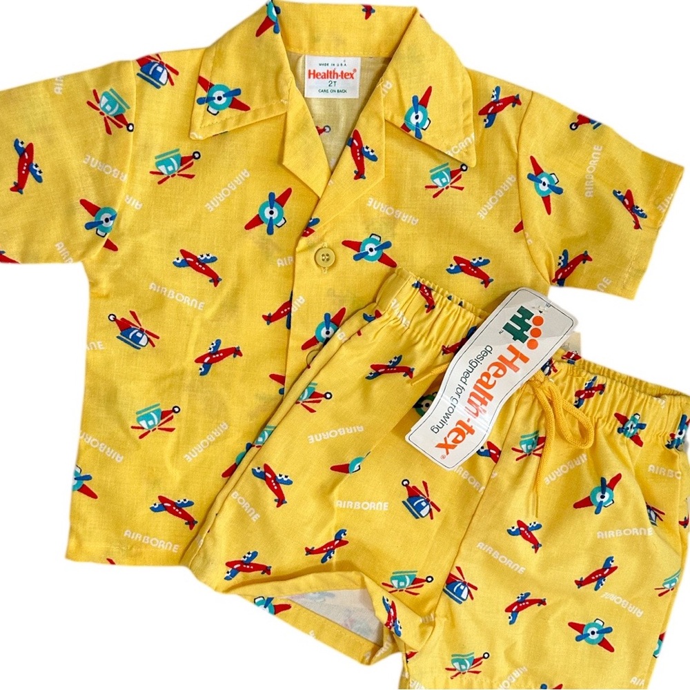 NEW Vintage Healthtex Toddler Yellow Airplane Outfit Set Button Down & Shorts - Picture 9 of 16